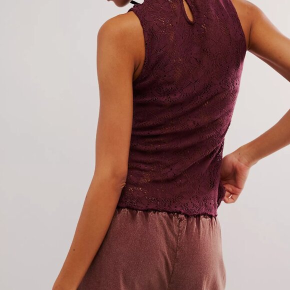 Free People NWT Purple Lace Slim Relaxed Hip Length High Neckline Keyhole Tank - Picture 2 of 10